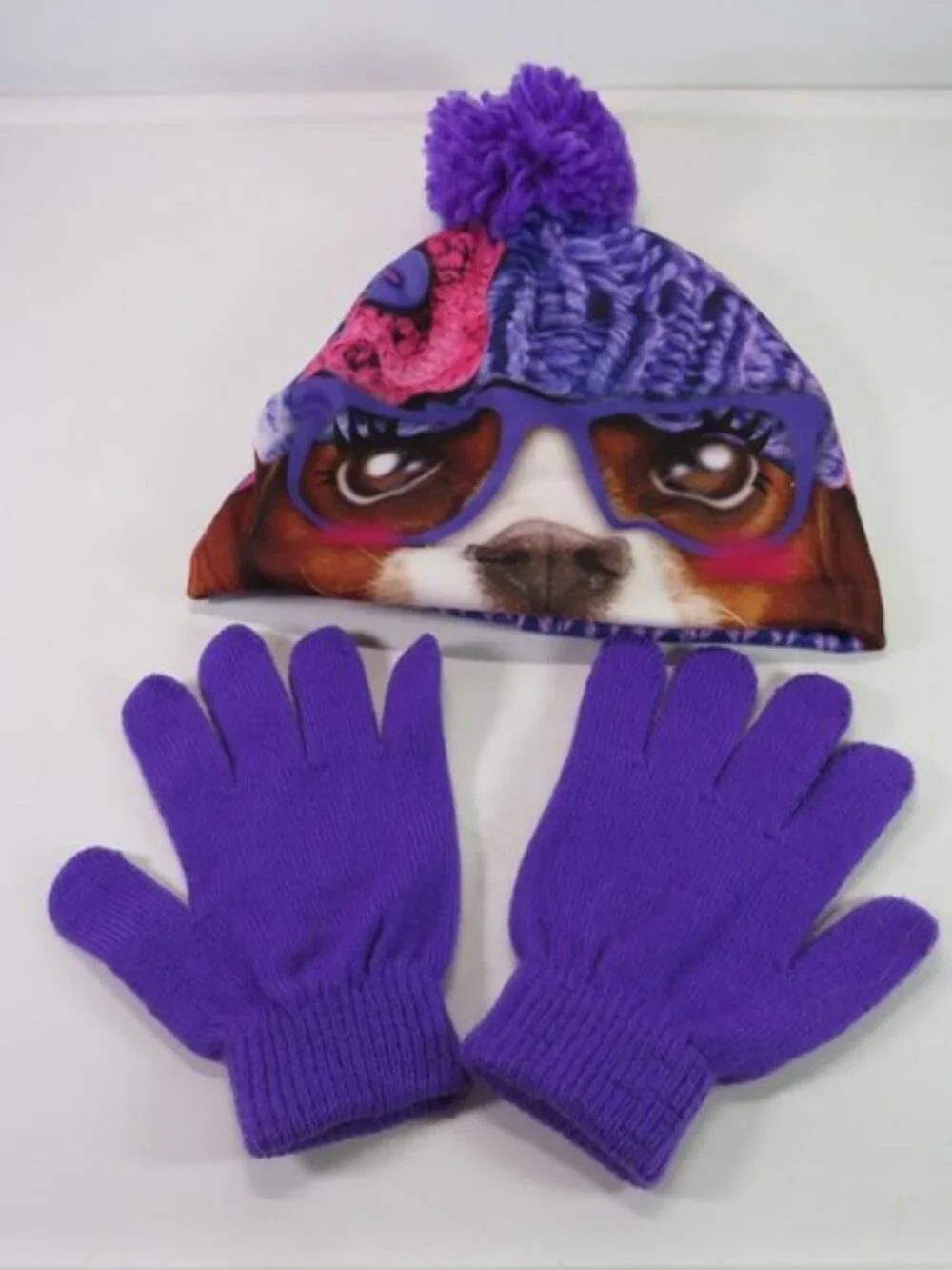 Girls Purple Dog Glasses Winter Beanie Hat Pom Gloves Set Fleece Lined